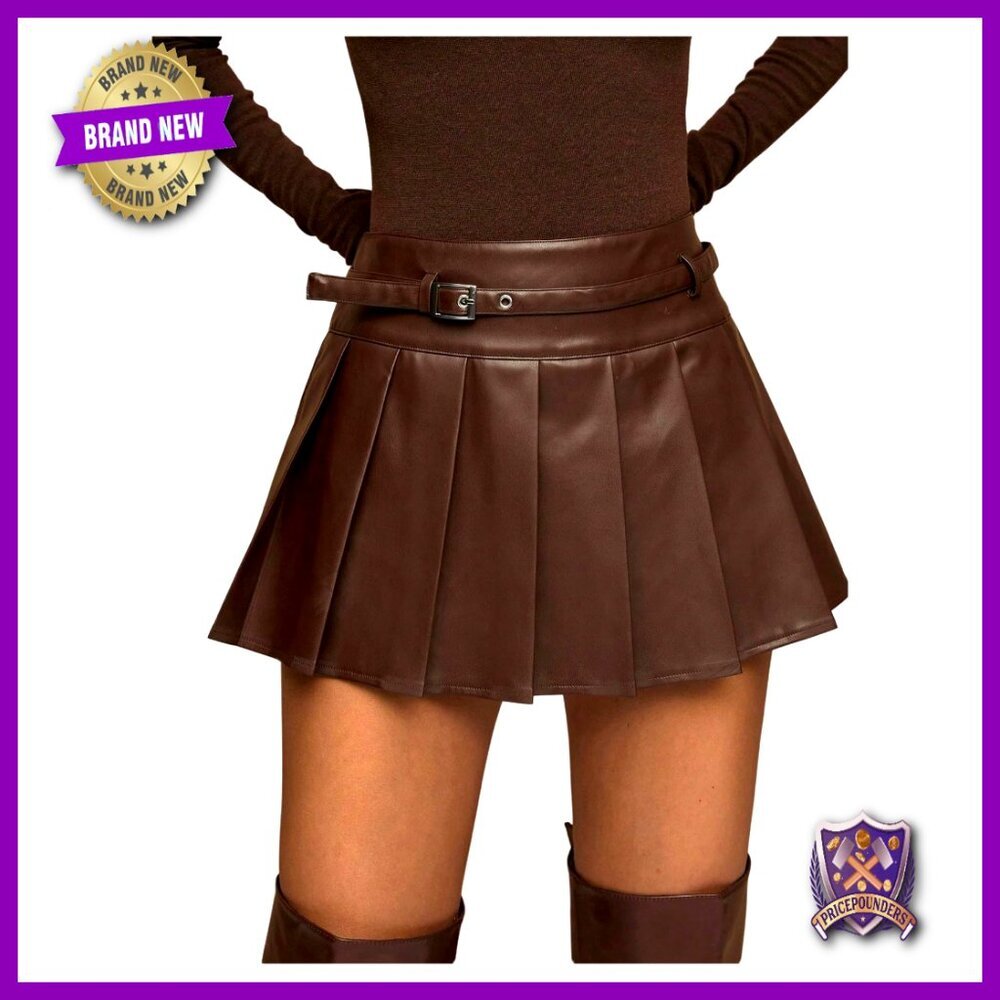 Leather Pleated Skater Mini Skirt, Mid Rise, Pull On, Regular Fit